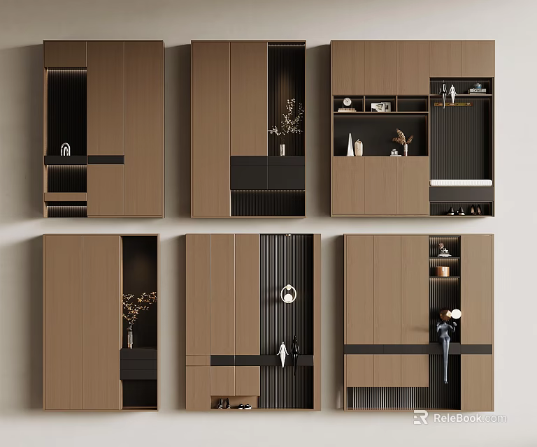 Modern Brown Black Cabinet Designs With Storage Compartments And Decorative Elements 3d model 