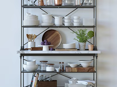 Organized Kitchenware Display On Shelving With Utensils Glassware Bowls Wooden Plate And Plants 3d model
