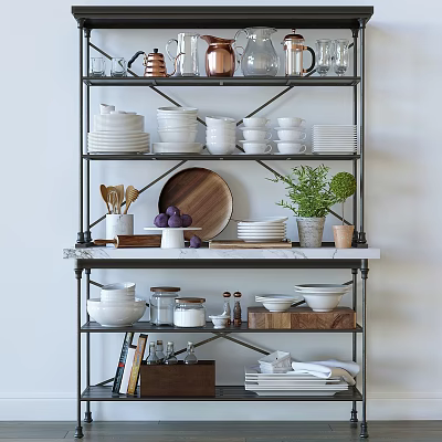 Organized Kitchenware Display On Shelving With Utensils Glassware Bowls Wooden Plate And Plants 3d model
