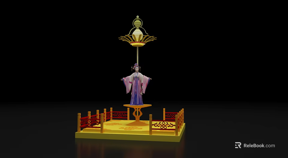 Cultural Stage Design Featuring Female Statue In Traditional Costume Yellow Platform And Red Railings 3d model 