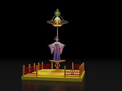 Cultural Stage Design Featuring Female Statue In Traditional Costume Yellow Platform And Red Railings 3d model