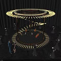 Circular Stage With Ring Lighting And Wooden Supports Near Decorative Tables And People