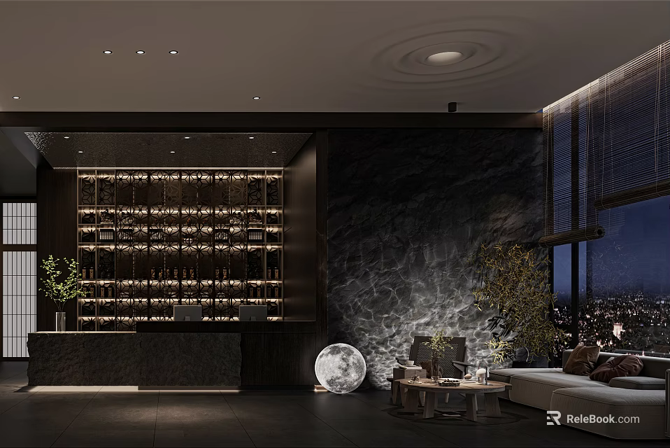 Elegant Hotel Lobby Interior With Reception Desk Marble Wall Modern Lighting And Comfortable Sofa 3d model