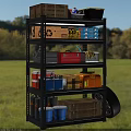 Heavy Duty Metal Shelving Unit with Cardboard Boxes Toolbox Oil Canister Blue Buckets and Tire