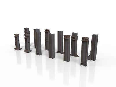 Multiple Dark Metal Column Models Arranged On White Background For Industrial Use 3d model