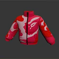 Pink And Red Padded Jacket With Abstract Pattern And Front Zipper 3d model