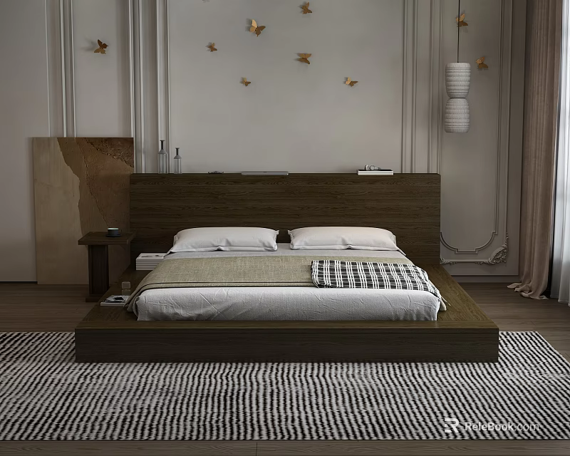 Modern Double Bed with Wooden Headboard White Pillows Checkered Blanket and Gold Bird Wall Decor 3d model 