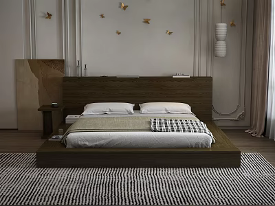 Modern Double Bed with Wooden Headboard White Pillows Checkered Blanket and Gold Bird Wall Decor 3d model