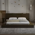 Modern Double Bed with Wooden Headboard White Pillows Checkered Blanket and Gold Bird Wall Decor