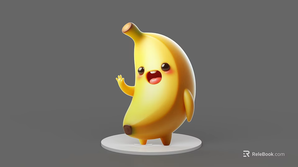 Yellow Smiling Cartoon Banana Game Character With Arms Legs On White Base And Gray Background 3d model 