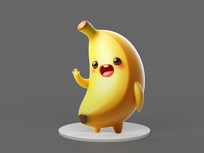 Yellow Smiling Cartoon Banana Game Character With Arms Legs On White Base And Gray Background 3d model