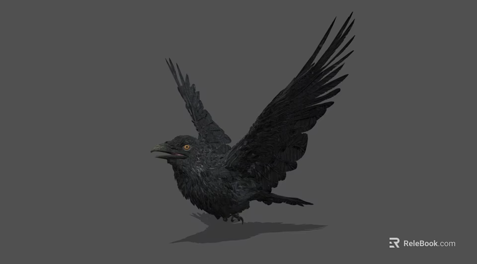 Black Crow with Spread Wings and Detailed Feathers on Gray Background 3d model 