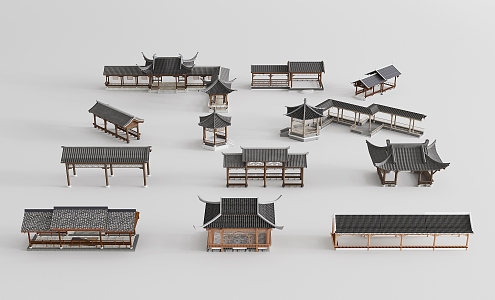 Chinese Style Landscape Corridor Rack Chinese Style Corridor Wood Gazebo Long Strip Corridor Pavilion 3d model