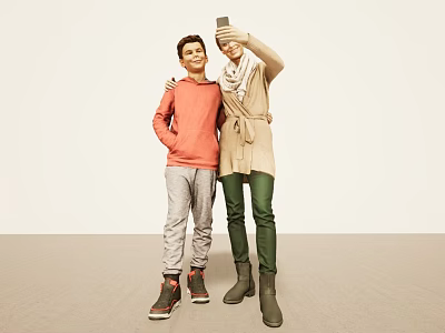 Two People Taking Selfie With Smartphone In Orange Sweater And Beige Coat 3d model