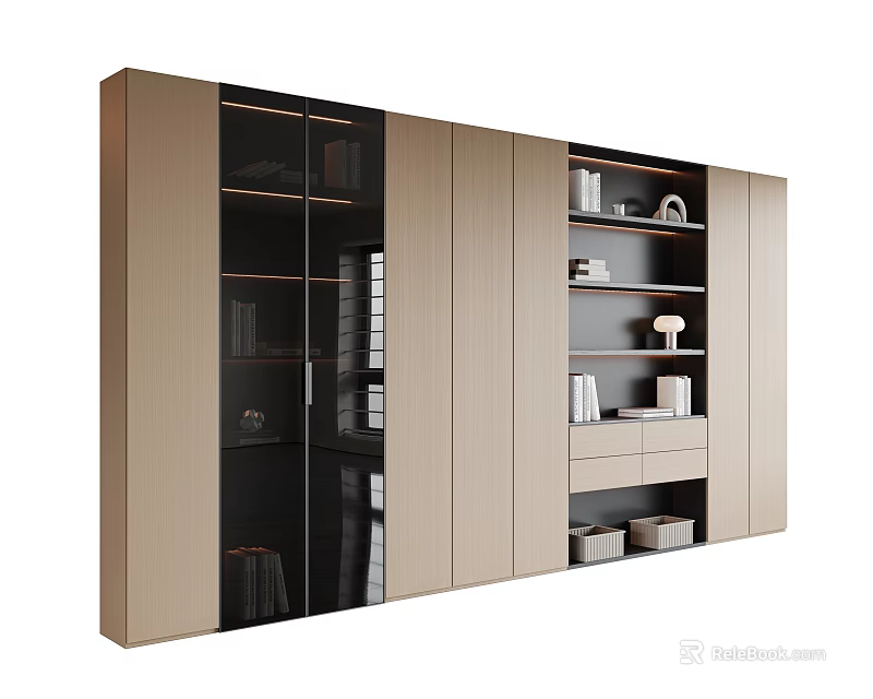 Modern Decorative Cabinet With Wooden Panels Glass Doors Shelves For Books Decorative Items And Drawers 3d model 