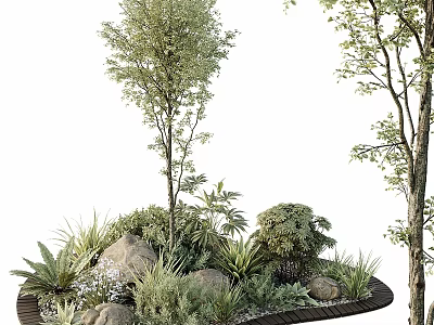 Natural Garden Ornamental Arrangement With Trees Green Plants Stones And Wooden Frame 3d model