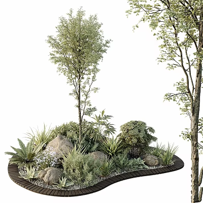 Natural Garden Ornamental Arrangement With Trees Green Plants Stones And Wooden Frame 3d model