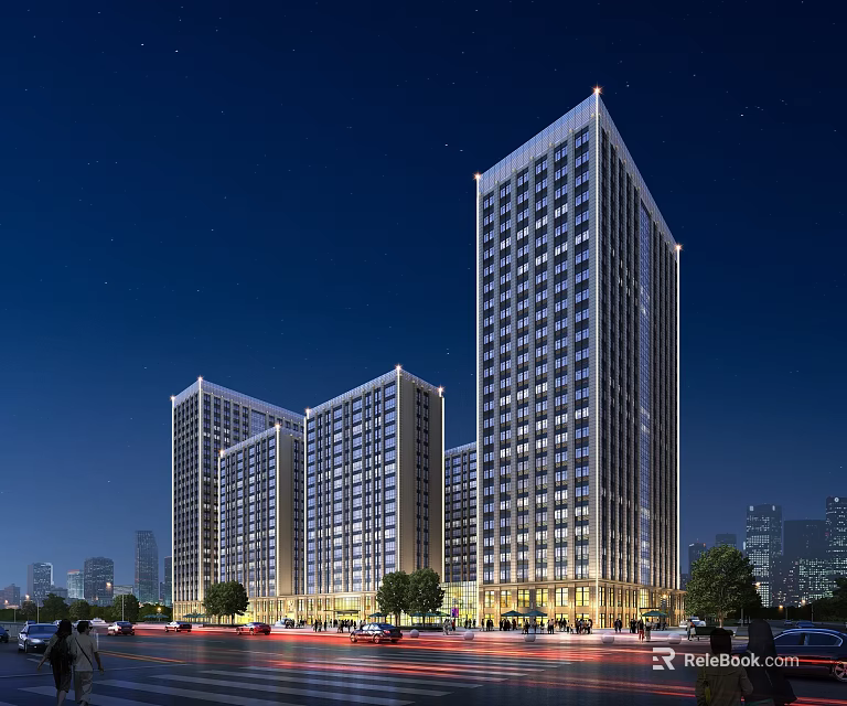Modern Tall Illuminated Office Buildings In Urban Night View With Street Cars And Trees 3d model 
