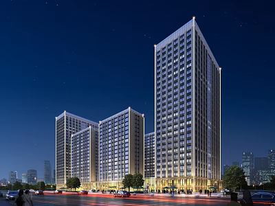 Modern Tall Illuminated Office Buildings In Urban Night View With Street Cars And Trees 3d model