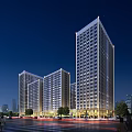 Modern Tall Illuminated Office Buildings In Urban Night View With Street Cars And Trees