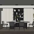 Modern Restaurant Interior With Round Dining Table Gray Chairs Decorative Shelves And Green Plants