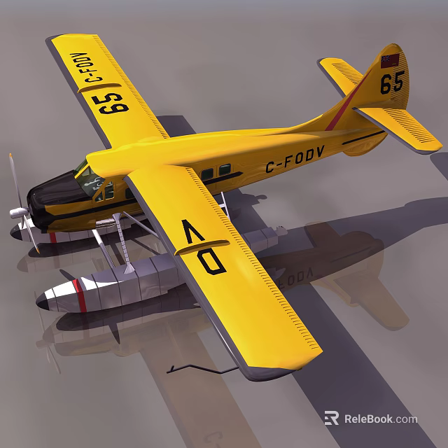 Yellow Seaplane Passenger Plane With Floating Pontoons On Water Surface Design 3d model 