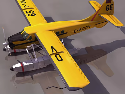 Yellow Seaplane Passenger Plane With Floating Pontoons On Water Surface Design 3d model