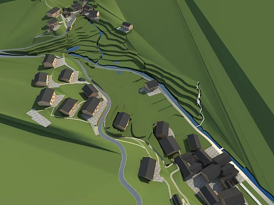 Lush Rural Landscape With Green Hillsides Winding River And Scattered Houses 3d model