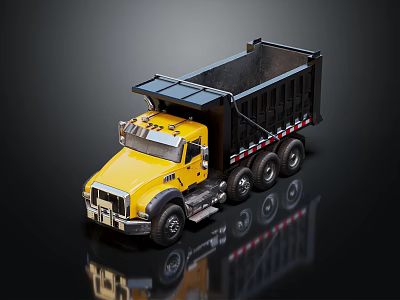 Yellow Dump Truck Model With Black Bed And Reflective Surface Details 3d model