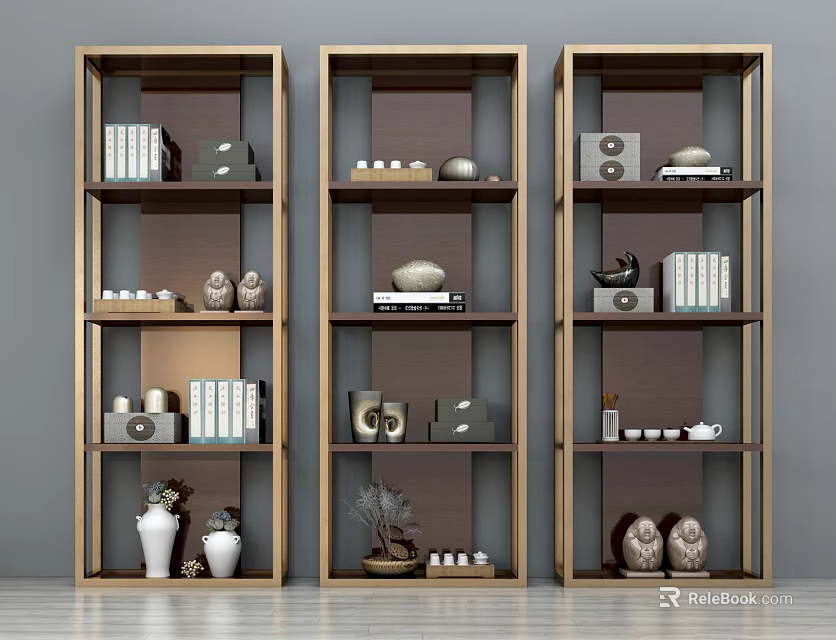 Modern Standing Bookcases with Multiple Shelves Holding Books and Decorative Items 3d model 