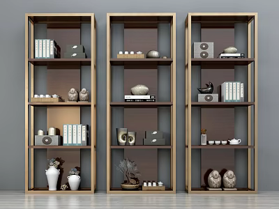 Modern Standing Bookcases with Multiple Shelves Holding Books and Decorative Items 3d model