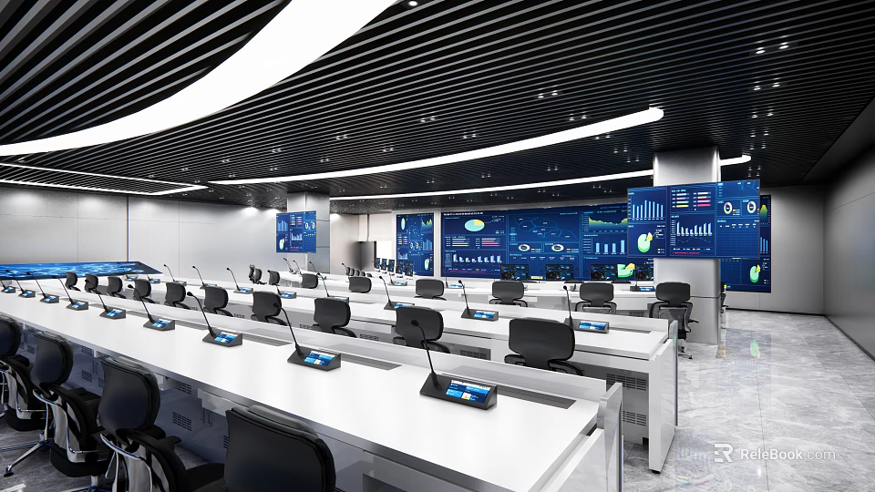 Advanced Monitoring Control Room Featuring Multiple Display Screens Workstations And Data Dashboards 3d model 