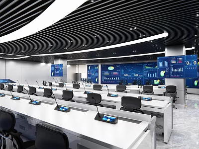 Advanced Monitoring Control Room Featuring Multiple Display Screens Workstations And Data Dashboards 3d model
