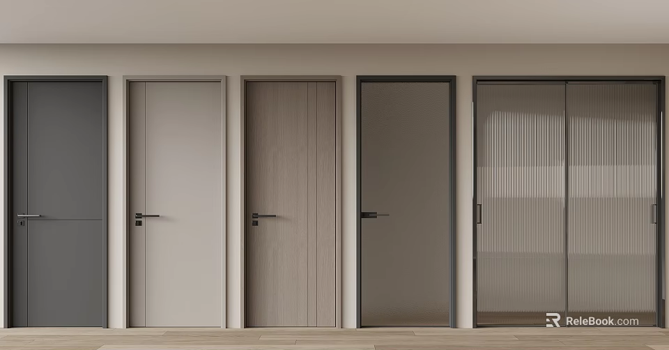 Modern Hinged Doors with Various Colors Wooden Finish and Glass Panel Design Styles 3d model 