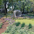Serene Park Landscape With Lush Trees Round White Pavilion Flower Beds And Benches