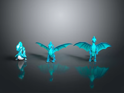 Three Blue Dragons with Spread Wings and Poses in 3D Render on Grey Background Reflections 3d model