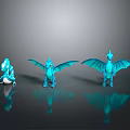 Three Blue Dragons with Spread Wings and Poses in 3D Render on Grey Background Reflections 3d model
