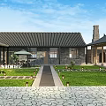 Rural Landscape with Wooden Pavilion Black Tiled Roof Green Lawn Stone Path Lanterns Outdoor Furniture