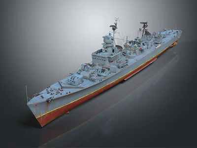 Detailed Warship Model Featuring Gray Hull Red Bottom Deck And Weapon Systems 3d model