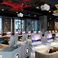 Modern Internet Cafe Interior With Multiple Computers Comfortable Seating And Neon Decor 3d model