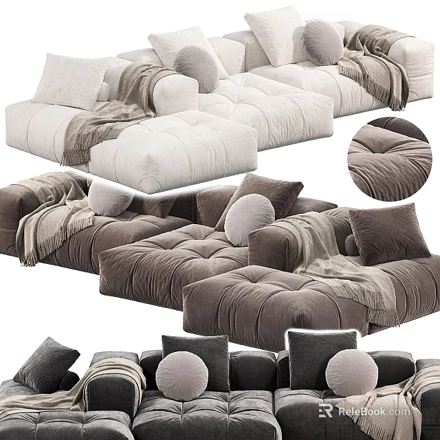 Velvet Upholstered Multi-seat Sectional Sofa in Neutral Tones with Plush Cushions and Throw Blankets 3d model 
