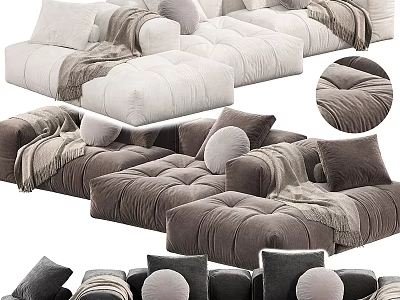 Velvet Upholstered Multi-seat Sectional Sofa in Neutral Tones with Plush Cushions and Throw Blankets 3d model
