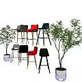 Stylish Modern Bar Stools in Multiple Colors with Green Potted Plants 3d model