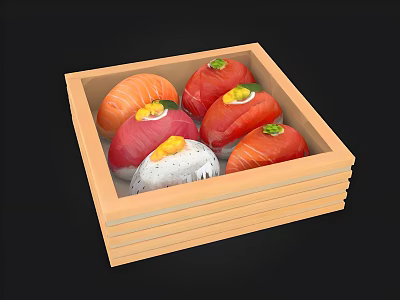 Colorful Assorted Sushi in Wooden Box with Fresh Salmon and Avocado 3d model