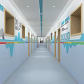 School Corridor Interior With Blue Walls Colorful Decorations Display Frames And Text 3d model