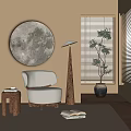 Modern Upholstered Accent Chair With Moon Wall Art Wooden Side Table Floor Lamp Potted Plant