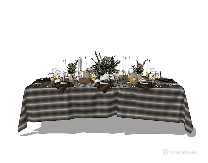 Elegant Dinnerware Set with Black White Plaid Tablecloth Candles Floral Arrangement Wine Glasses 3d model 