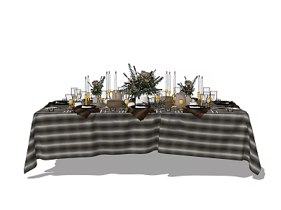 Elegant Dinnerware Set with Black White Plaid Tablecloth Candles Floral Arrangement Wine Glasses 3d model