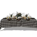 Elegant Dinnerware Set with Black White Plaid Tablecloth Candles Floral Arrangement Wine Glasses