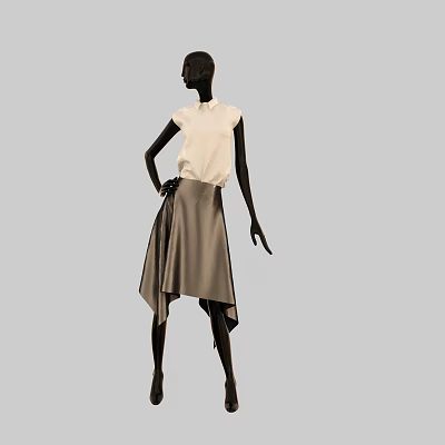 Black Mannequin Wearing White Top And Gray Asymmetrical Skirt On Light Gray Background 3d model